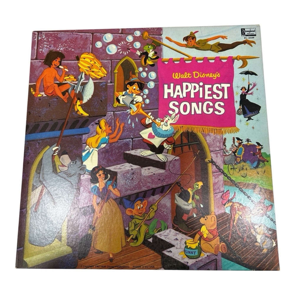 Disney Happiest Songs Vinyl Record 1967 Pinocchio Peter Pan Mary Poppins Alice